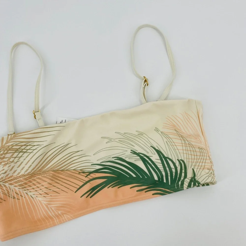L*Space Clyde Bikini Top Large Peach Green Palm Print Strappy Bandeau Swim